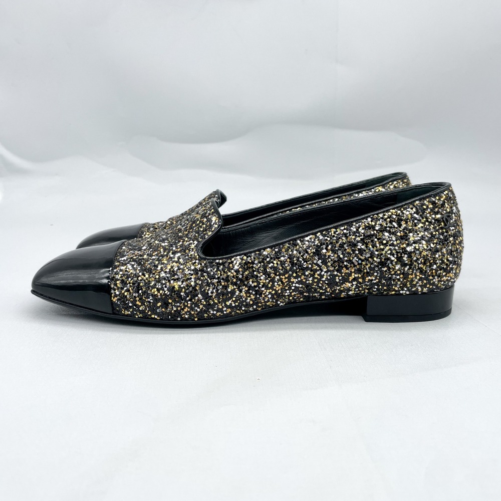 Chanel Womens 38.5 8.5 Glitter Loafers CC Black Gold Patent Leather Cap Toe Flat - Picture 5 of 9